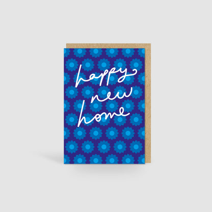 Happy New Home Card | Retro Blue Flower Repeat Print