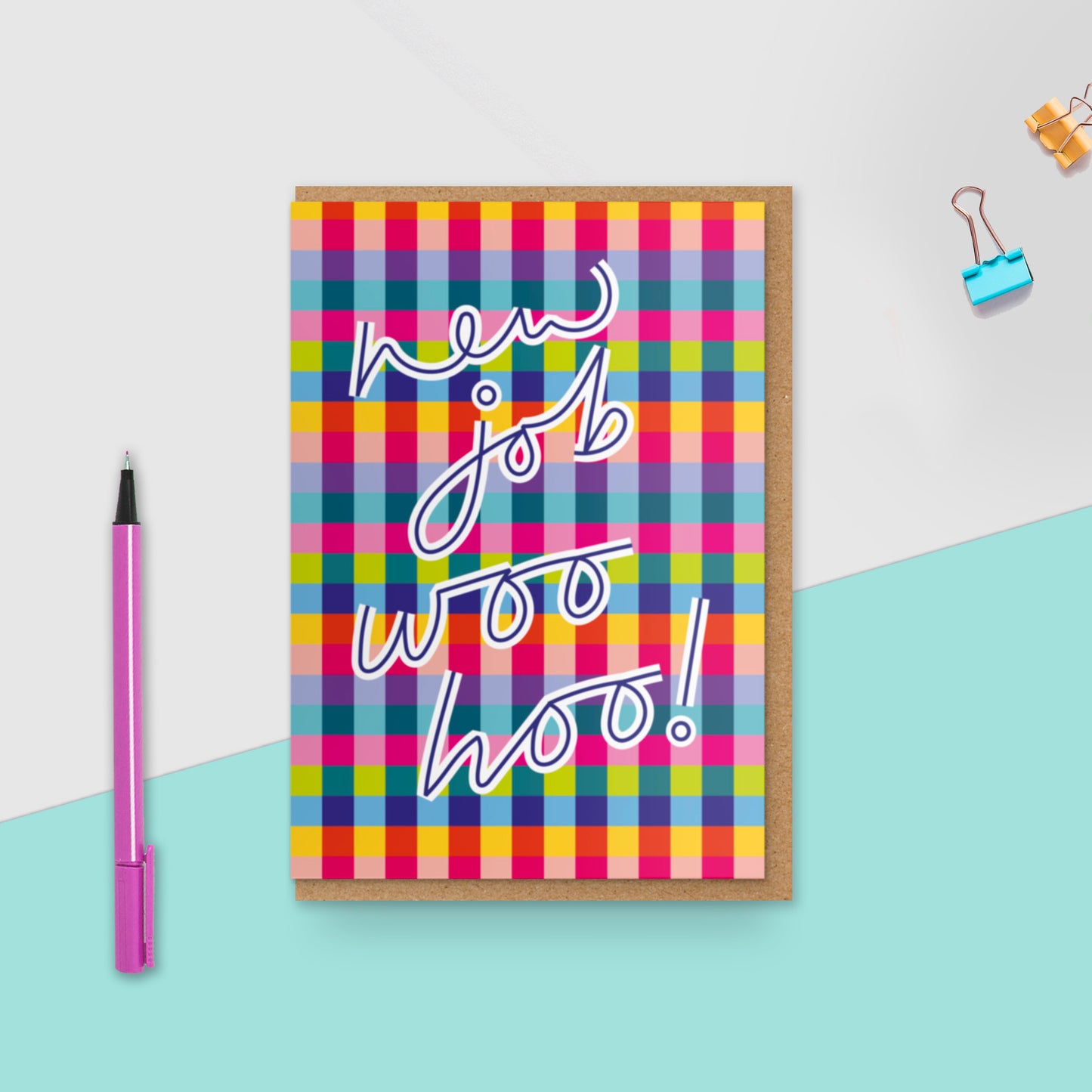 New Job Woo Hoo | Multicolour Gingham Check Card