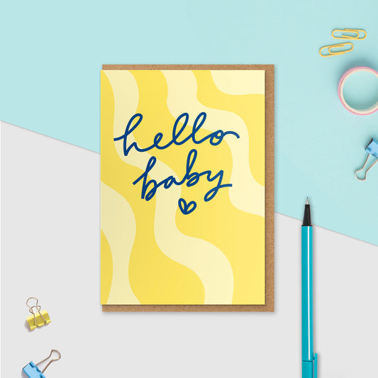 Hello Baby Card | Pastel Yellow Retro Wavy Design