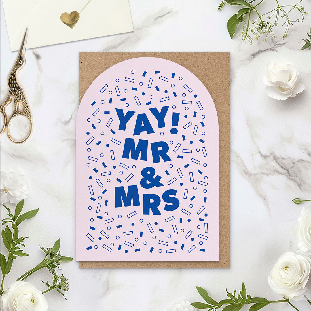 Mr & Mrs Wedding Card, Navy & Pink