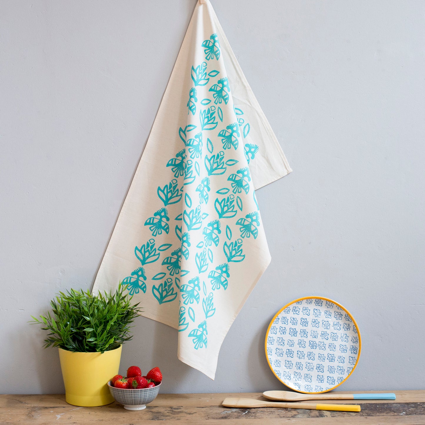 Floral Pattern Aqua Tea Towel