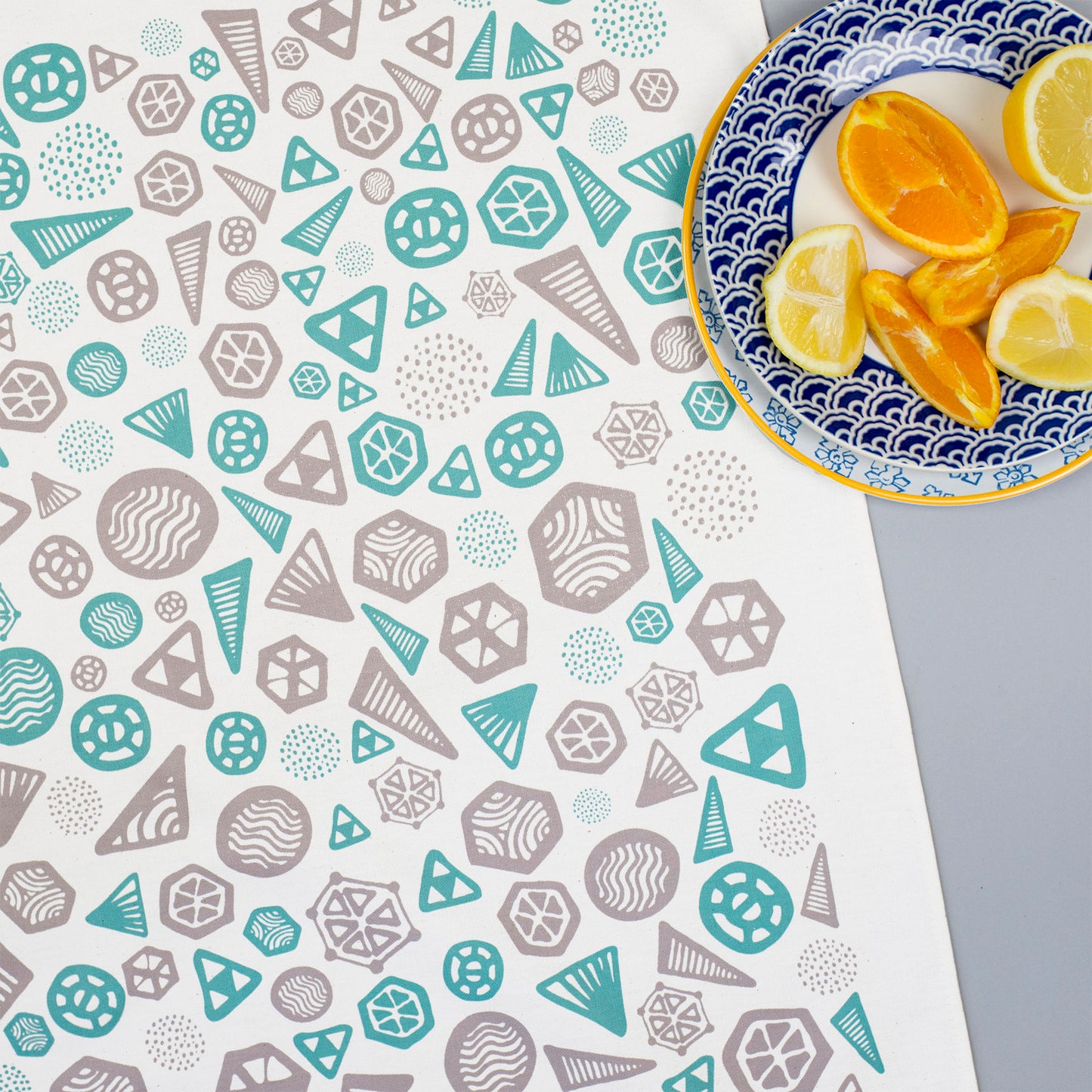 Geometric Turquoise & Grey Tea Towel